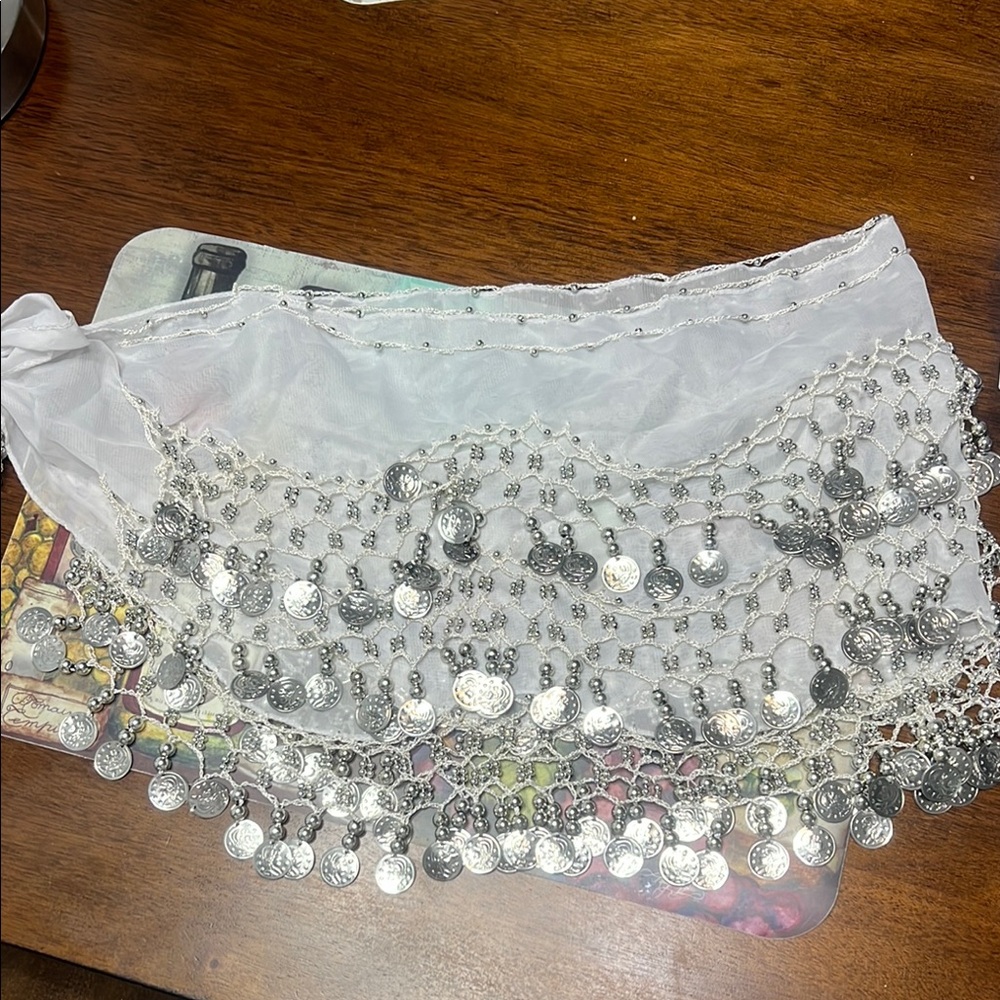 White Sheer Hip Scarf with Silver Coin Accents